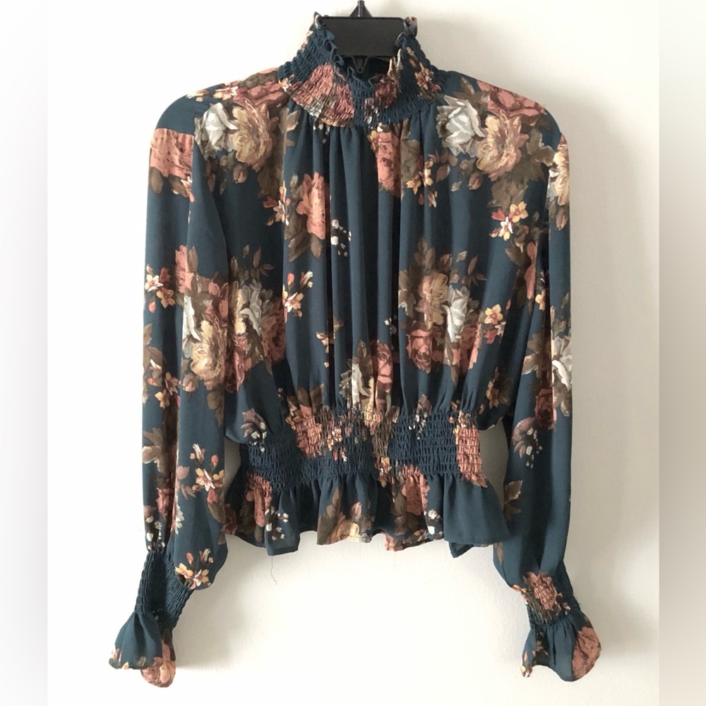 SHINESTAR Floral Smocked High-Neck Blouse